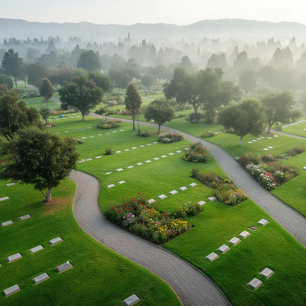 Vista aérea de un cementerio-parque verde en Chile