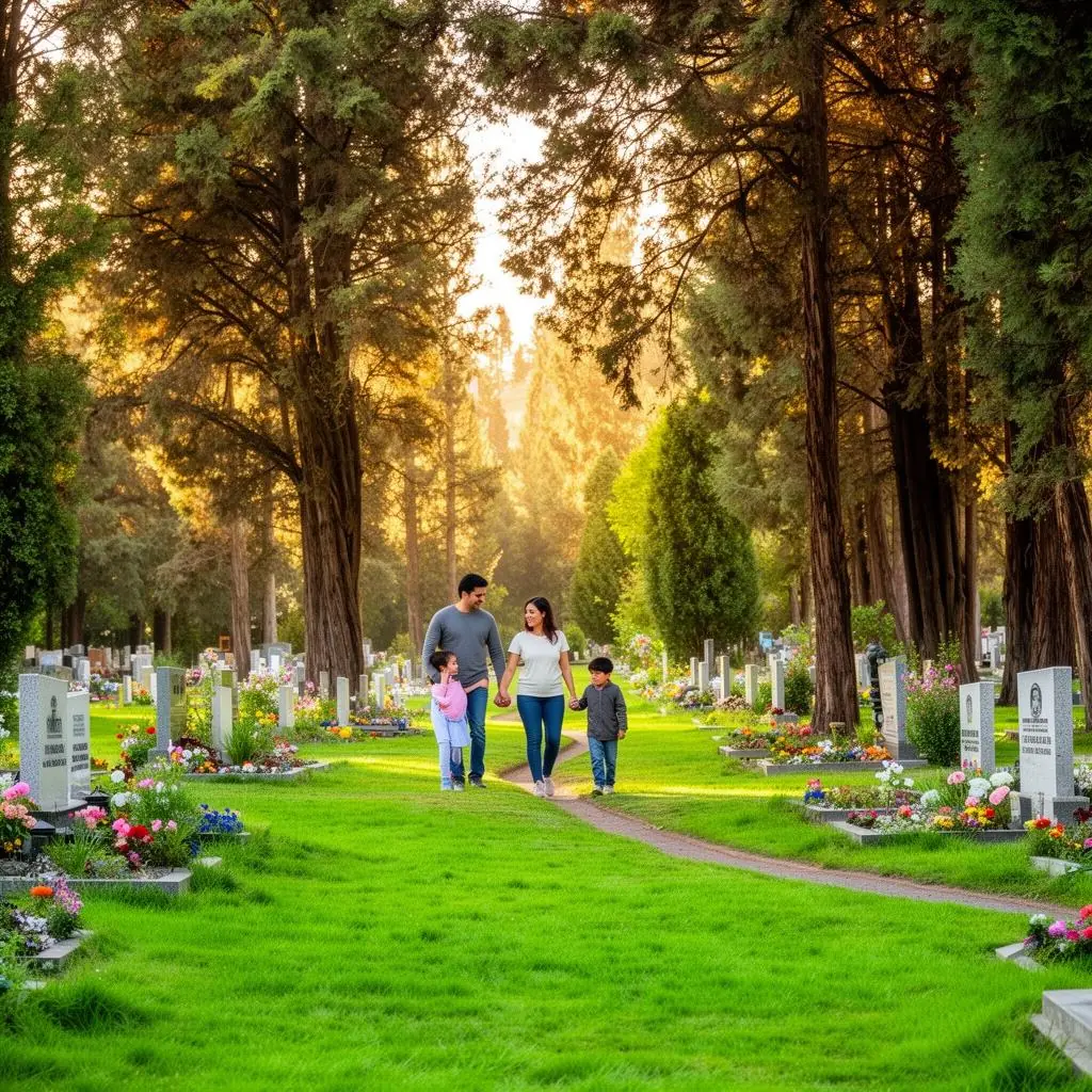 Familia caminando en un cementerio-parque de Chile